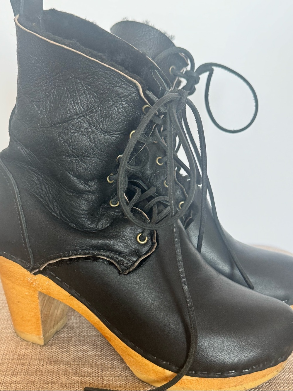 No. 6 Black Leather Lace-Up Clog Boot with high wooden heel